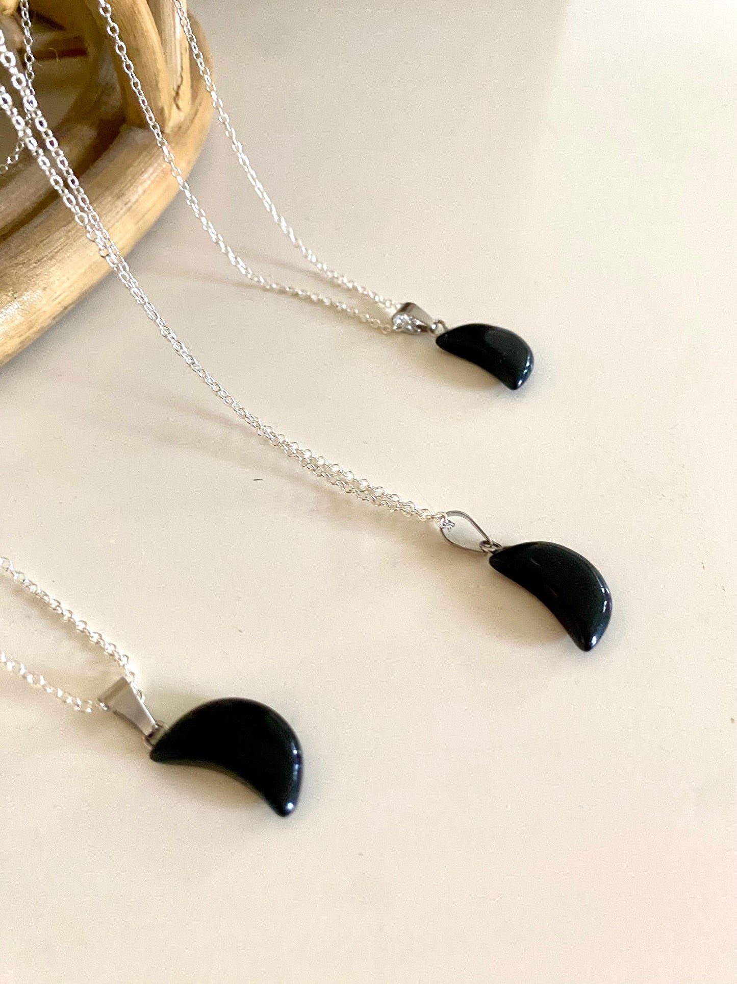 Black Obsidian Crescent Moon Pendant Necklace (Aura Cleansing, Grounding, Protection)