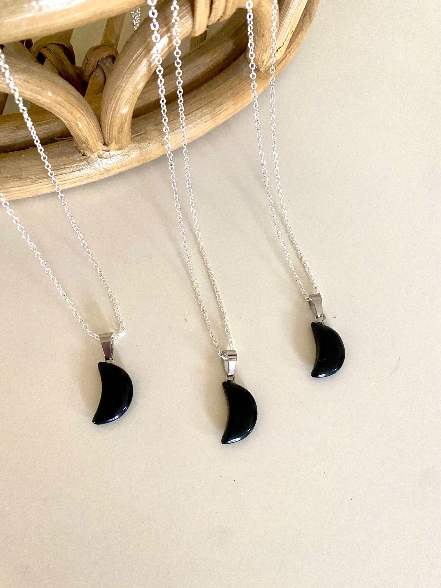 Black Obsidian Crescent Moon Pendant Necklace (Aura Cleansing, Grounding, Protection)