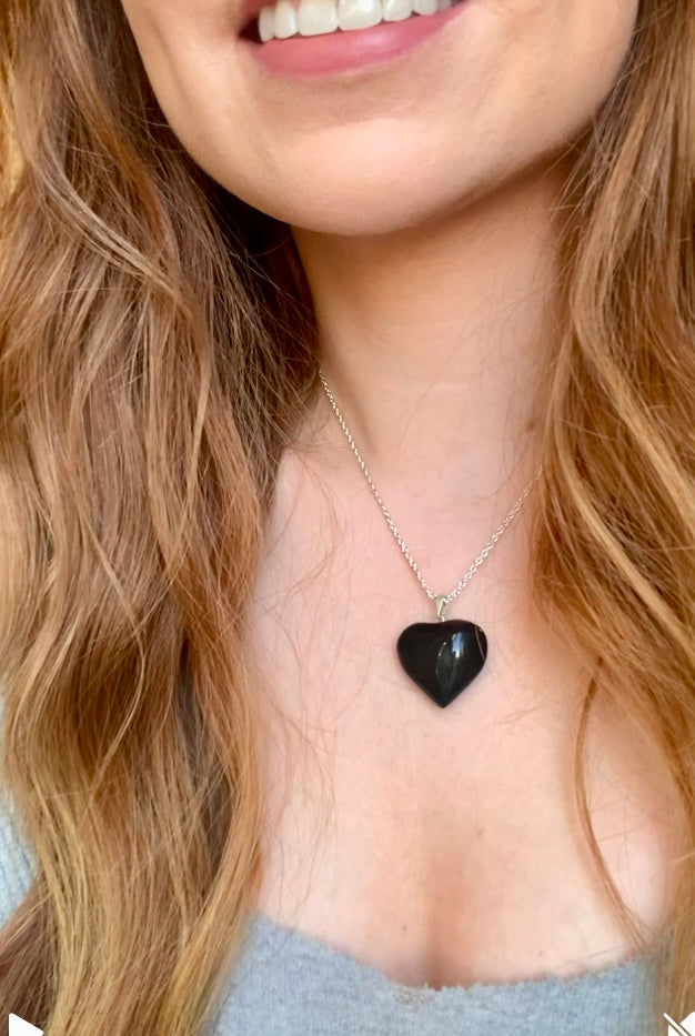 Black Obsidian Heart Pendant Necklace (Aura Cleansing, Grounding, Protection)