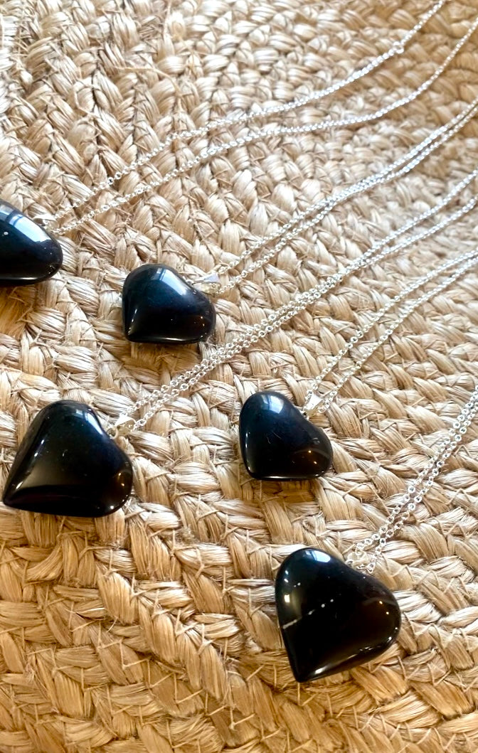 Black Obsidian Heart Pendant Necklace (Aura Cleansing, Grounding, Protection)